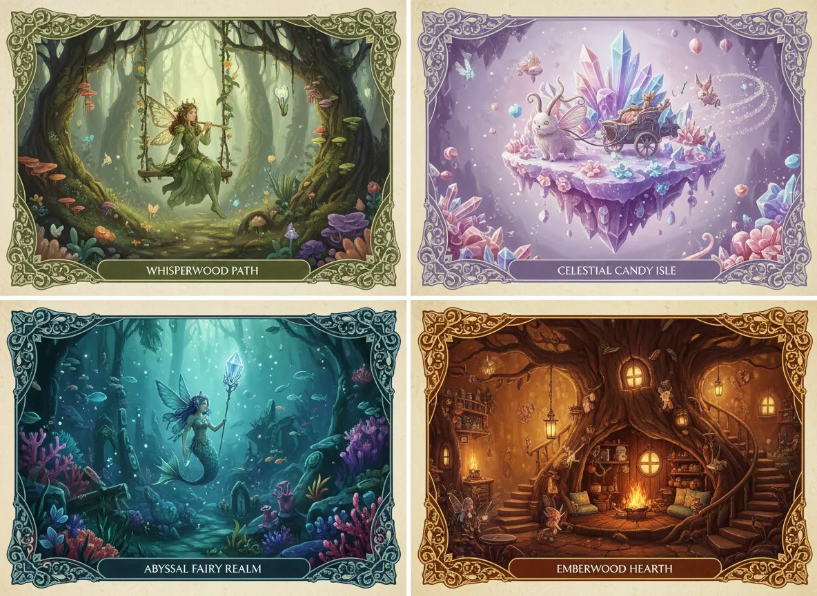 चार अलग-अलग AI-जनित Fairycore पोस्टर विविधताओं का एक ग्रिड, प्रत्येक एक अद्वितीय रंग पैलेट और विषय के साथ, जो उपकरण की रचनात्मक विविधता को दर्शाता है।