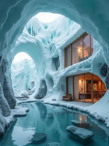 A luxury lodge built directly into a glacier, with walls made of reinforced glass allowing guests to see the ice formations surrounding them. The design incorporates geothermal heating, with hot sprin