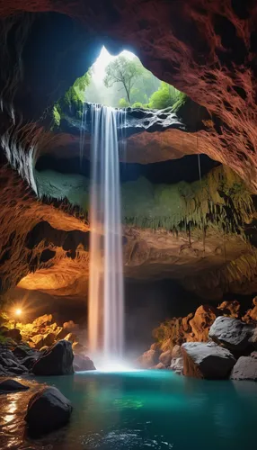 Hyper realistic color epic cinematography of the largest and beautiful cave including waterfall illuminated by a single light, Birds Eye view ,cave on the water,natural arch,fairyland canyon,brown wat