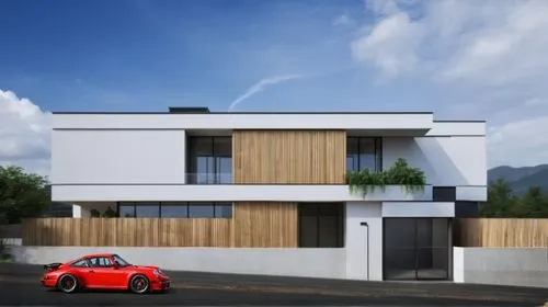 ADD RED MODERN PORSCHE DRIVING PAST FAST,modern house,residential house,two story house,wooden facade,3d rendering,smart house,frame house,mid century house,modern architecture,garage door,stucco fram