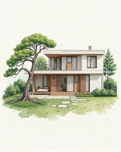 (construction floor plan: 1.3) for a modern Japanese house, architectural sketch, watercolor, trending on cg society, modernism, a huge bonsai tree, pinterest render, doll house, an extremely detailed