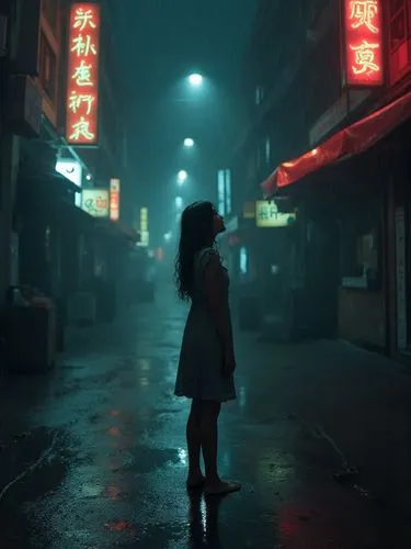   A cinematic seen of a dark, rain-soaked city street at night. The scene is illuminated by the flickering glow of neon signs reflecting off wet pavement. Puddles ripple as heavy rain pours down, crea