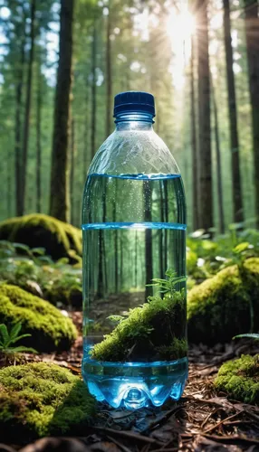 bottle of water, in the middle of the forest, the film light, panoramic shot, is very breathtaking, very realistic, 8k quality, hyper realistic, ultra realism,bottled water,bottle of water,water bottl