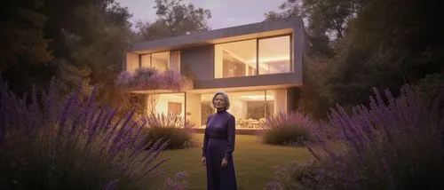 Cinematic architectural photography of a near-fantastical modern house integrated with nature, glowing soft warm light, surreal lush gardens with oversized lavender and glowing flora, ethereal atmosph