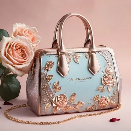 Four portraits, composite image, three different Rose-gold handbag with the inscription "Buenas Noches" in a decorative font.  Rose-colored roses, rose petals, and glitter surround the handbag, creati