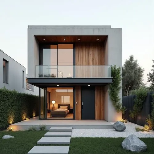 A minimalist, two-story modern home characterized by clean geometric lines and a balanced combination of materials—smooth concrete, matte black metal framing, and vertical natural wood cladding. The f