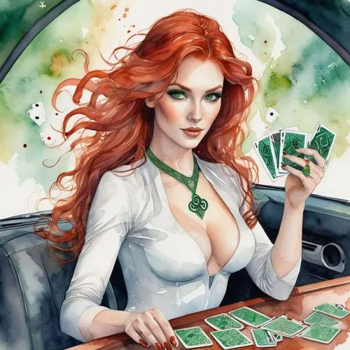 28 year old beautiful woman with red hair and green eyes.  She is a sorceress in a skin tight, low cut white body suit and uses playing cards with Celtic symbols on the car  for her magic.,a red haire