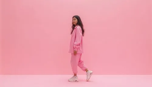 pink background, pink model walking, pink clothes wearing, aesthetic photography, 8K UHD REALISTIC.,a model standing on pink background, dressed in an oversized pink coat and trousers,pink background,