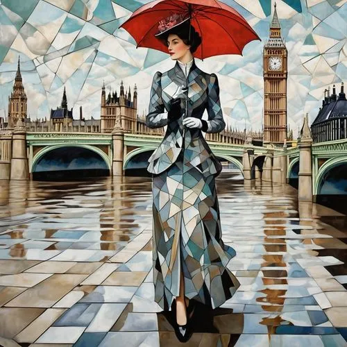 Surreal photorealistic encaustic illustration Victorian lady on Westminster Bridge elegant --no umbrella --ar 2:3 --style raw --sref 903021827 2378 --personalize  --stylize 550 --v 6.1,a painting of a