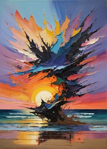 Painted with a brush, for hours at dusk in front of a beach, birds dancing by in perfect dance. You are attracted by the storm and the sand. Abstract Expressionism. Mixed media. Crazy sunset. ,an abst