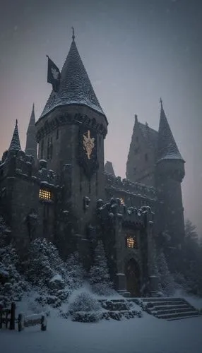 Minecraft castle, Game of Thrones; Winterfell, banners, house Stark, direwolf banner,a building with snow on the ground and large towers,fairy tale castle,fairytale castle,ghost castle,summit castle,h