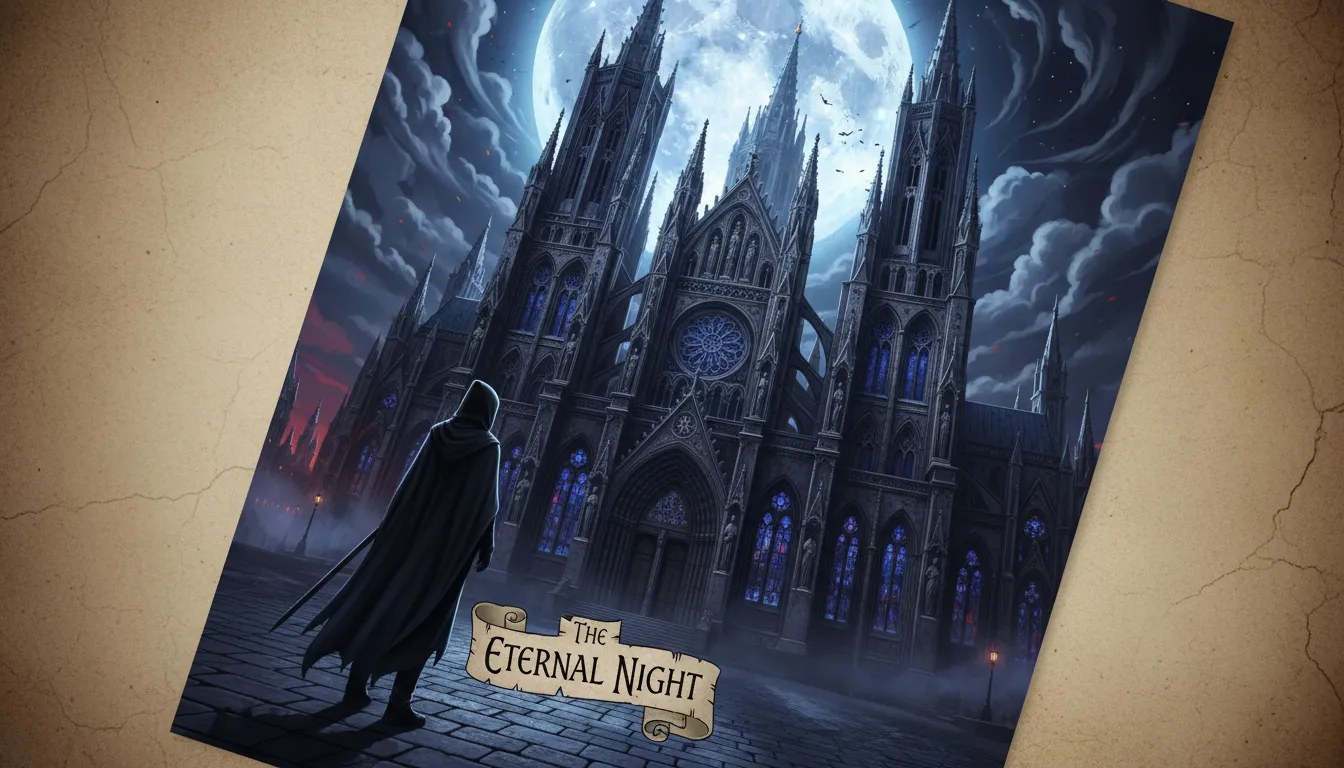 Un drammatico poster gotico generato da AI che mostra una figura solitaria ammantata di fronte a un'imponente cattedrale ornata sotto la luna piena.