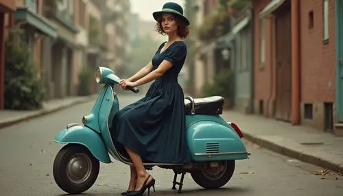 1950s style 25 years old girl, 1950s style, hat and dark blue Dior evening dress, bouffant skirtt in high gloss shiny Latex , Audrey Headburn style photo ,sitting on a spring, vespa,a woman in a dress