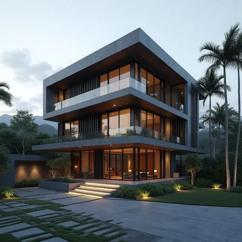 A hyper-realistic, high-resolution architectural photograph of a multi-level, contemporary luxury residence featuring a sleek, geometric design. The exterior is composed of smooth, matte charcoal-gray