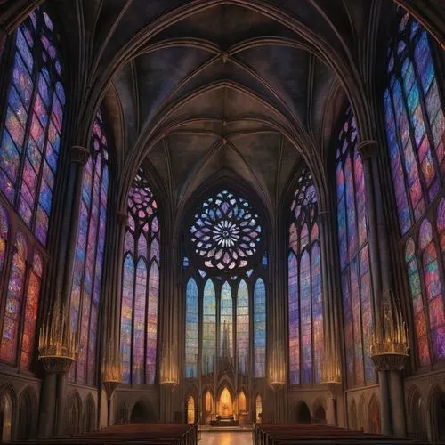 Gothic cathedral, intricate stone carvings, pointed arches, ribbed vaults, flying buttresses, grand rose window, stained glass, ornate gargoyles, mystical atmosphere, misty evening, soft moonlight, ee