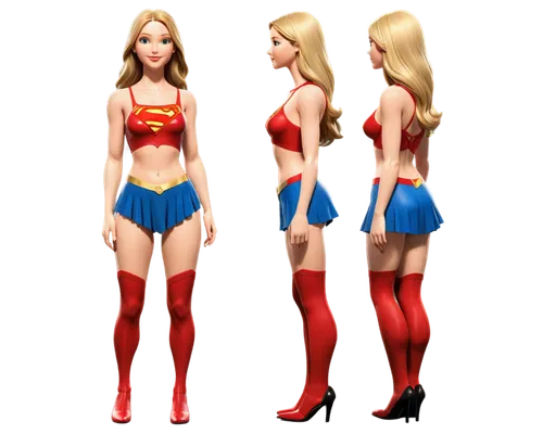 Create only high resolution images, pixar 3d, realistic style, 4k, character sheet style, like a paper doll, The pose. She must be wearing a sexy red thong and bra with straps over her shoulders, show