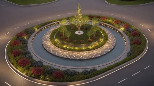Transform this scene into a realistic, high-quality urban city square visualization.

This is a busy city roundabout located in an active urban environment. Add realistic vehicles around the roundabou