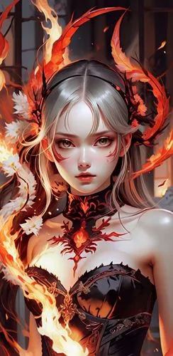 a woman with horns and fire on her head,infernal,cinder,fire background,fire angel,fire siren,flame spirit,fire red eyes,fire devil,hellfire,firebrand,flame lily,burning hair,embers,flame of fire,fire
