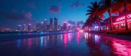 miami beach,cyberpunk,a tropical city with pink lights in the dark,outrun,south beach,neon cocktails,riviera,manila,neon light,neon lights,neon drinks,neon sign,neon arrows,gulf,fantasy city,cityscape