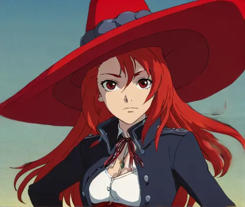 Early 2000s anime screengrab tall and slender woman dressed in all red, portrait, cold and cruel demeanour, haughty, evil, severe, wild and evil grin, huge broad - brimmed red hat, red big brim floppy