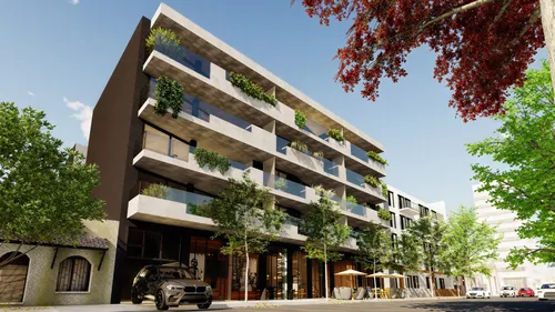 mejorame la imagen ,an artist's rendering of a modern building on a street corner,redevelopment,apartment building,new housing development,apartment block,maisonettes,frontages,residential building,ap
