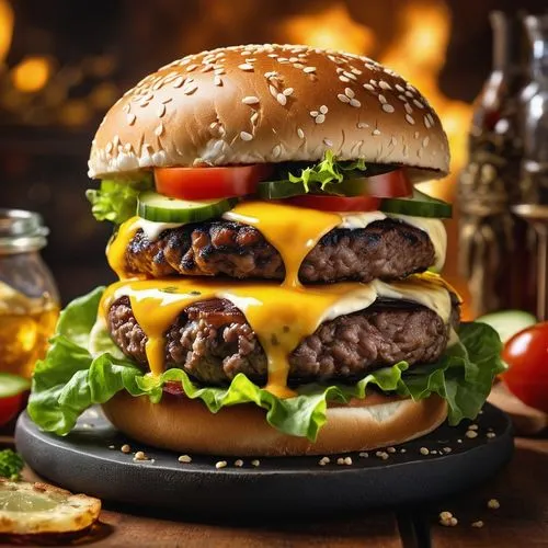 Craft a macrocosmic still life that transforms a burger into a realm of alchemical wonder. Zoom in on the burger as if it were an ancient artifact, with each ingredient possessing mystical properties.