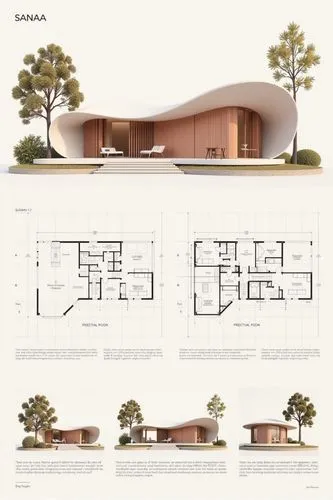 A professional architectural presentation board with a Pure background and a clean, minimalist design layout. The board includes:

Top Section: On the top left, a photorealistic render of a contempora