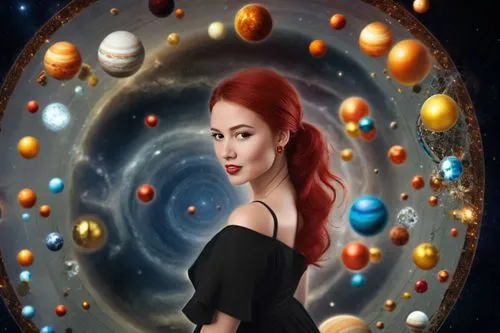 a woman with red hair and solar system background,cosmologist,sci fiction illustration,spiral background,fantasy picture,astrologist,astrologer,astronomer,astrologically,inner planets,portrait backgro
