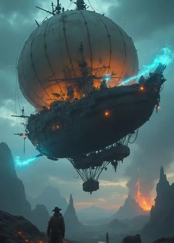 Hyper-realistic, cyberpunk illustration of an impressive hot air balloon fused with a pirate ship in a post-apocalyptic sky. The ship combines aged wood with industrial metal, exposed gears, turbines 