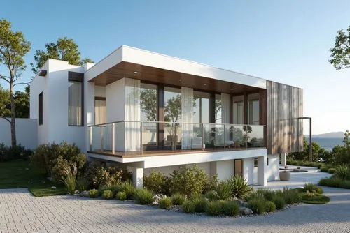 A photo-realistic rendering of a modern, minimalist house with a contemporary design. the house is situated on a hillside with a clear blue sky and ocean views in the background. the building is a two