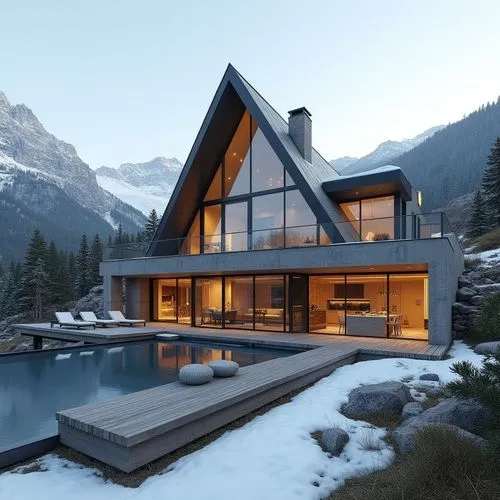 A hyper-realistic, high-resolution architectural photograph of a luxurious, alpine-style modern villa nestled in a mountainous landscape. The home features a prominent A-frame roof and is constructed