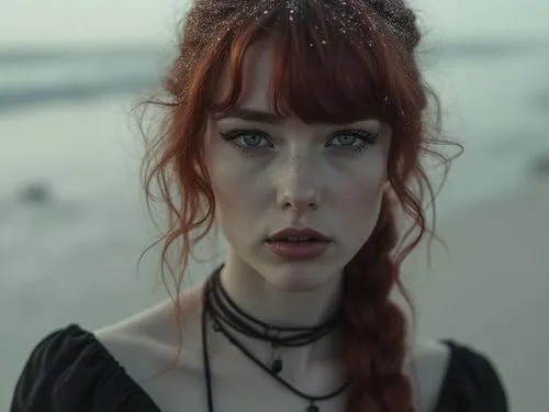 a beautiful red haired woman on the beach,girl on the dune,dark beach,mystical portrait of a girl,redhead doll,redhead,woman portrait,black sand,elven,young woman,red head,girl portrait,romantic portr