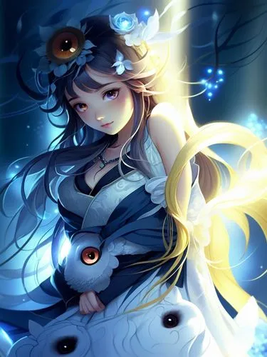 A young woman with glowing eyes,an angel holding a baby bird in her lap,queen of the night,starry sky,celestial chrysanthemum,night star,star mother,priestess,seraph,fireflies,light of night,celestial