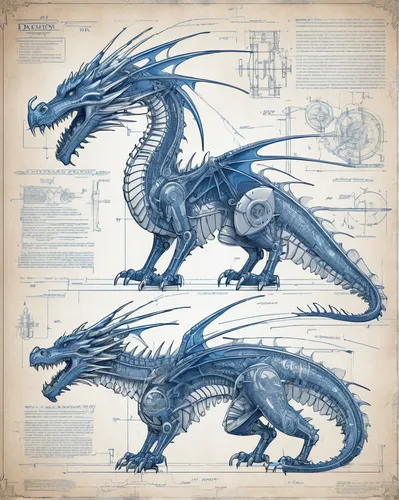 poster of a mechanical dragon, technical Schematics viewed from front and side view on light white blueprint paper, Illustration drafting style, illustration, typography, conceptual art, dark fantasy,