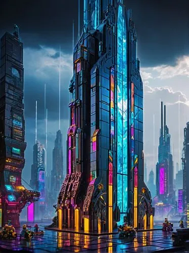 Futuristic Lego Architecture, year 2024 concept art, sleek metallic skyscraper, neon lights illuminating the cityscape, towering pillars supporting the structure, intricate mechanical details, robotic