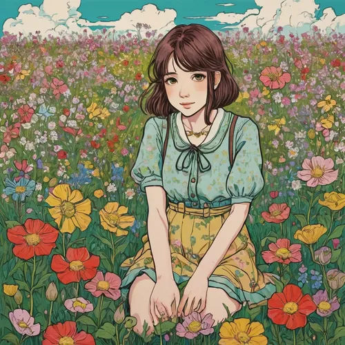 A cute anime pose in a field of blooming flowers,field of flowers,blooming field,girl in flowers,flower field,clover meadow,sea of flowers,girl picking flowers,flowers field,girl in the garden,falling
