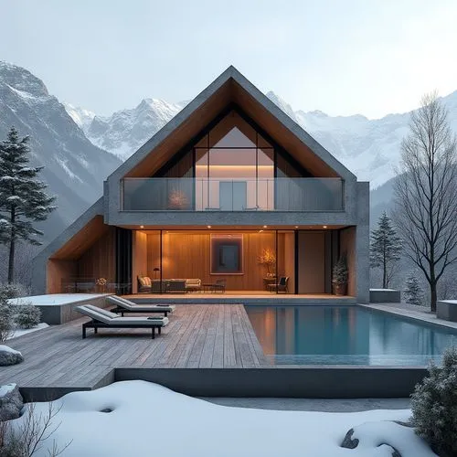 A hyper-realistic, high-resolution architectural photograph of a luxurious, alpine-style modern villa nestled in a mountainous landscape. The home features a prominent A-frame roof and is constructed