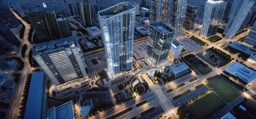 Building group, bird's eye view, bustling city background, night scene, busy traffic, wide roads around the buildings,skyscapers,oscorp,skyscraping,skycraper,microdistrict,metropolis,emaar,skyscraper 