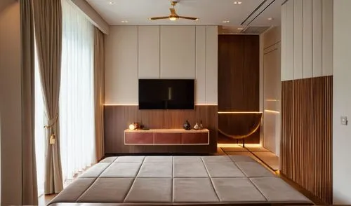 interior room render, tv unit and dresser  is in louvers, use light colors, add realistic  materials according to the reference, add lighting
,the television and other accessories in the large room,lu