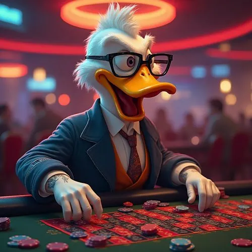 Um pato antropomórfico de caricatura, com um sorriso brincalhão e misterioso e um olhar estreitado, tenta dialogar, vestido com tatuagens modernas nos braços e óculos de Julieta, elegantemente vestido