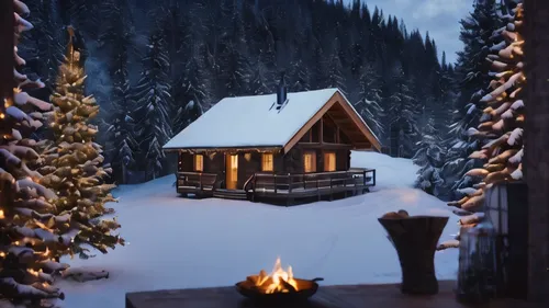 christmas warm cabin in top of a mountain timelapse, high quality, 8k