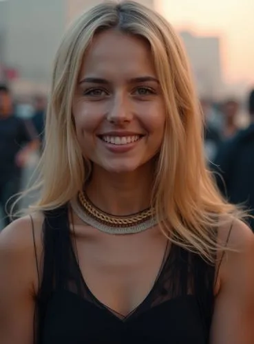 A portrait of a beautiful 22-year-old Caucasian woman with long blonde hair and brown eyes, dressed in a black dress with a high neckline and a necklace, standing in a street at sunset. In the backgro