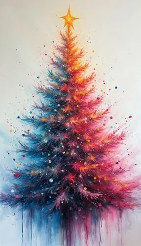 Colorful abstract oil painting of christmas tree, pastel colors splash,the painting has an artistic look and is colorful,watercolor christmas background,watercolor pine tree,painted tree,decorate chri