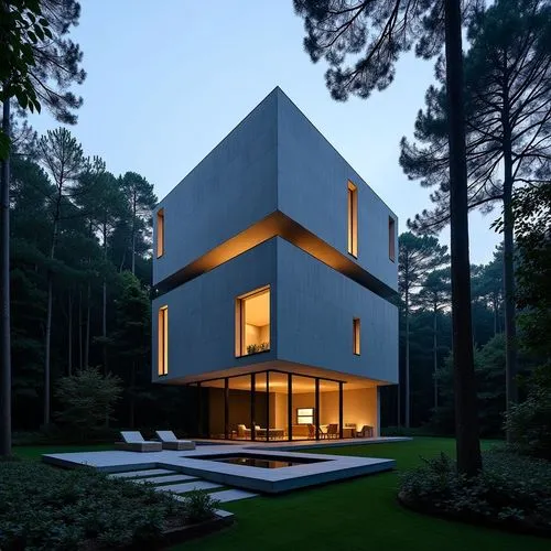 Modern villa made by Two pure cuboid masses are stacked with a slight rotation and offset. The lower cube is anchored heavily to the ground, while the upper one cantilevers forward. A shadow gap divid