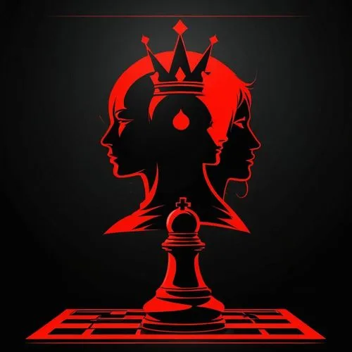 Futuristic cyber contact picture. Netrunner. Black background. King chess piece and queen chess piece on chess board. Red color,a couple of people with a crown on top of their head,crown silhouettes,t