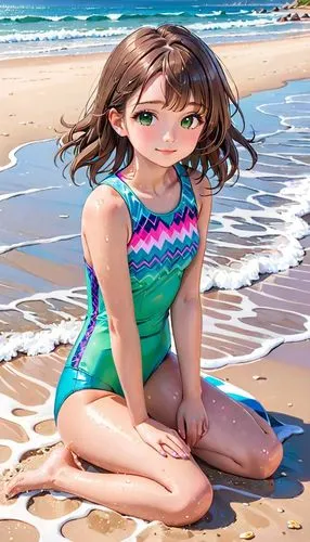 Image is a candid, full-body photograph of a young girl sitting on a sandy beach with gentle waves in the background. She has long, wet brown hair and fair skin. Her facial expression is relaxed and c