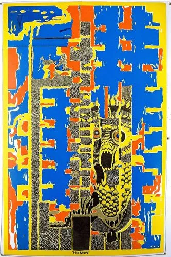 an image of a yellow owl with red, blue and yellow ink,silkscreens,cool pop art,serigraphs,cool woodblock images,abstract cartoon art,woodcut