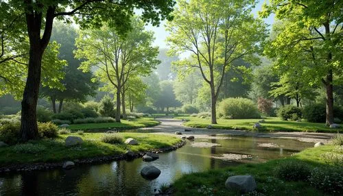 Lime and Beyond\,a pond is surrounded by lush green trees and plants,nature garden,arboretum,riverwood,tiergarten,verdant,green forest,brook landscape,green landscape,garden pond,english garden,uzak,g