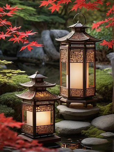 Traditional Japanese-style lanterns, delicate filigree metal frames, soft warm white light, intricate cut-out designs, dainty tassels, gentle swaying in the breeze, serene garden setting, lush greener