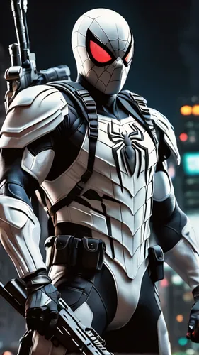 full body view angle of muscular all white tactical spiderman angry look wearing all white with a large white spider on his torso wearing tactical arm and leg armor holding two rifles at night, movie 